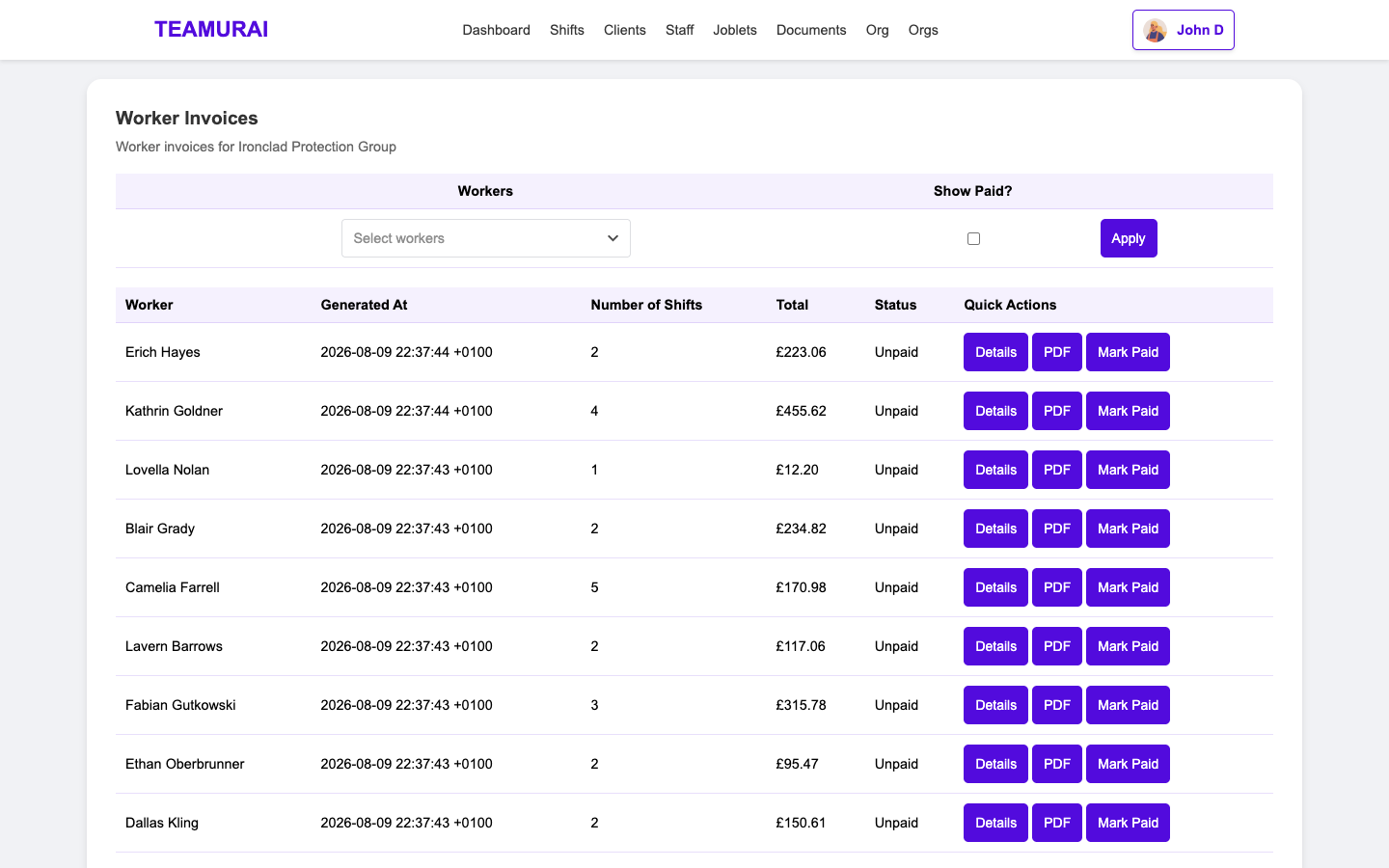 Teamurai worker invoices — auto-generated invoices with totals and mark-as-paid actions