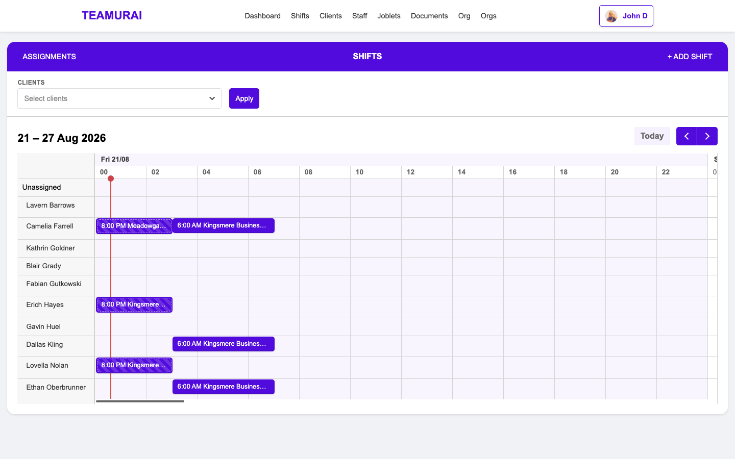 Teamurai scheduling timeline — week view of shifts assigned across workers, clients and sites